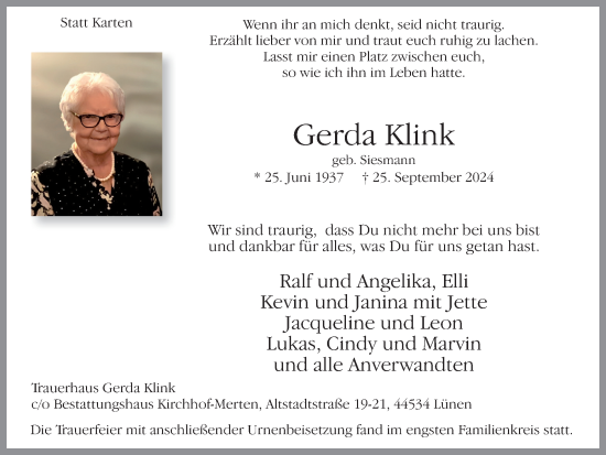 Traueranzeige von Gerda Klink von Lüner Anzeiger