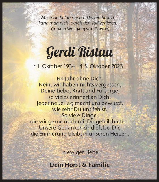 Traueranzeige von Gerdi Ristau von Ruhr Nachrichten und Dorstener Zeitung