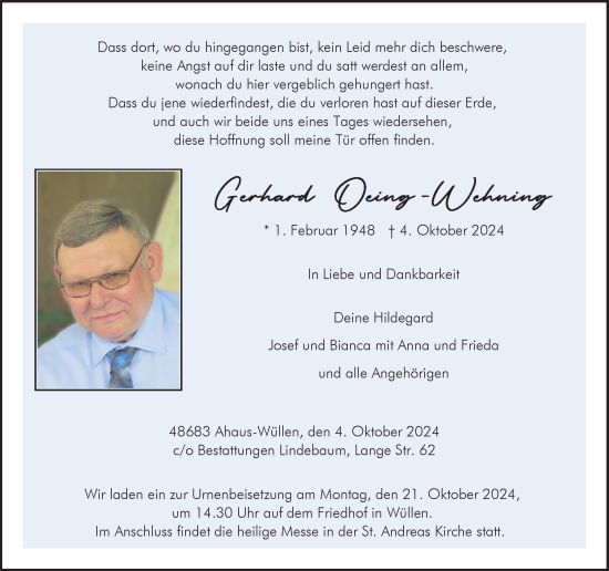 Traueranzeige von Gerhard Oeing-Wehning von Münsterland Zeitung