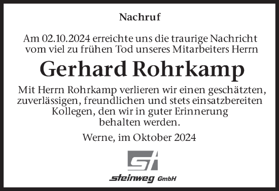 Traueranzeige von Gerhard Rohrkamp von Ruhr Nachrichten