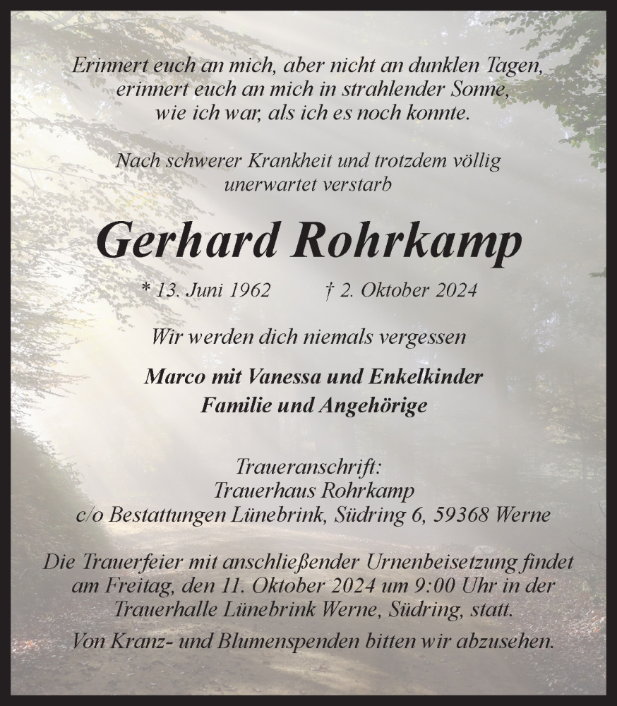  Traueranzeige für Gerhard Rohrkamp vom 09.10.2024 aus Ruhr Nachrichten