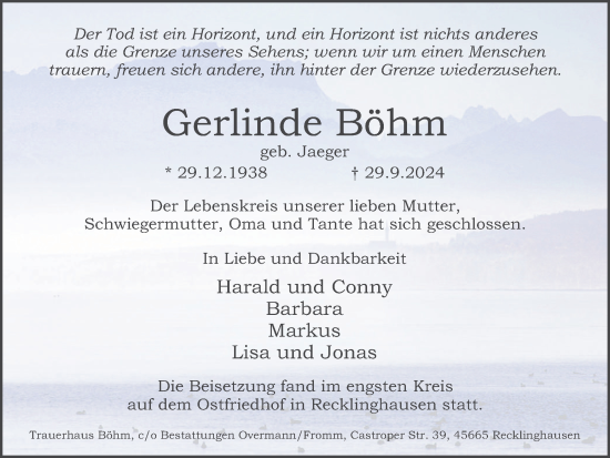 Traueranzeige von Gerlinde Böhm von Trauer Vest