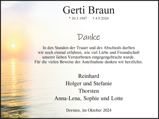 Traueranzeige von Gerti Braun von Ruhr Nachrichten und Dorstener Zeitung