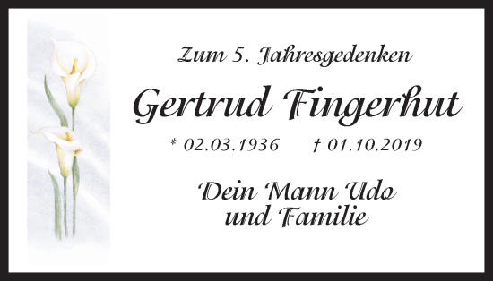 Traueranzeige von Gertrud Fingerhut von Lüner Anzeiger