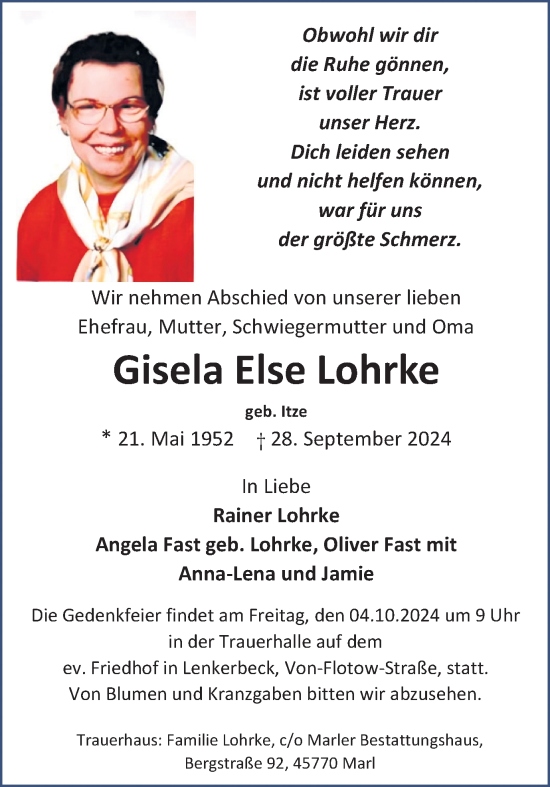 Traueranzeige von Gisela Else Lohrke von Trauer Vest