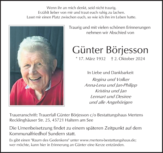 Traueranzeige von Günter Börjesson von Ruhr Nachrichten und Halterner Zeitung