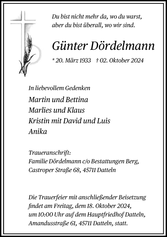 Traueranzeige von Günter Dördelmann von Trauer Vest