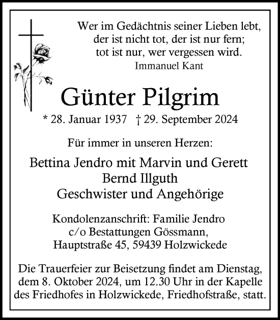 Traueranzeige von Günter Pilgrim von Ruhr Nachrichten