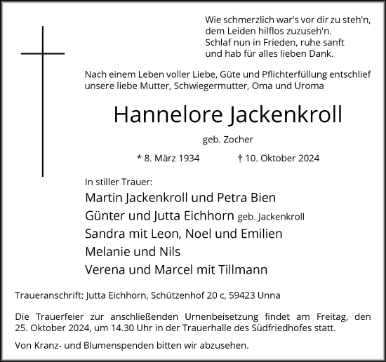 Traueranzeige von Hannelore Jackenkroll  von Hellweger Anzeiger