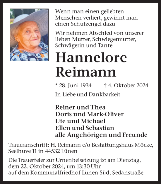 Traueranzeige von Hannelore Reimann von Lüner Anzeiger