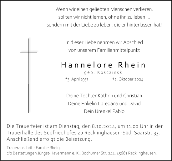 Traueranzeige von Hannelore Rhein von Trauer Vest