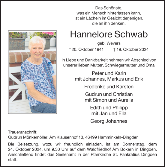 Traueranzeige von Hannelore Schwab von Bocholter-Borkener Volksblatt