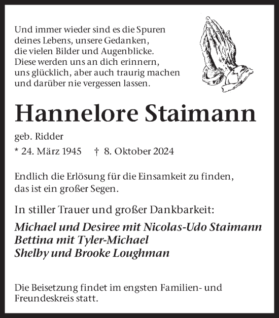 Traueranzeige von Hannelore Staimann von Ruhr Nachrichten und Dorstener Zeitung