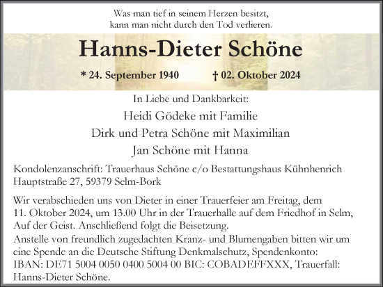 Traueranzeige von Hanns-Dieter Schöne von Trauer Vest