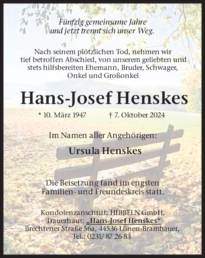  Traueranzeige für Hans-Josef Henskes vom 26.10.2024 aus Lüner Anzeiger