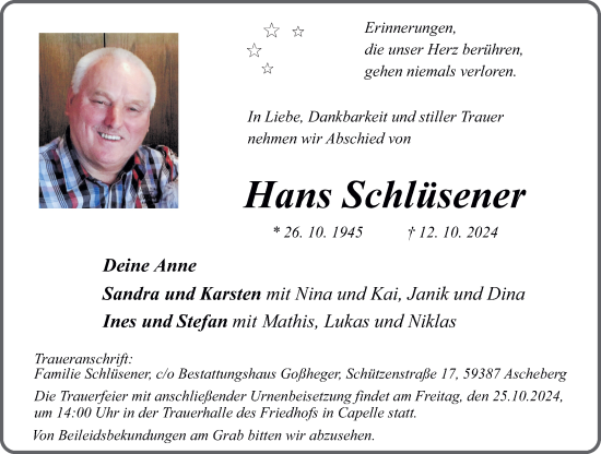 Traueranzeige von Hans Schlüsener von Ruhr Nachrichten