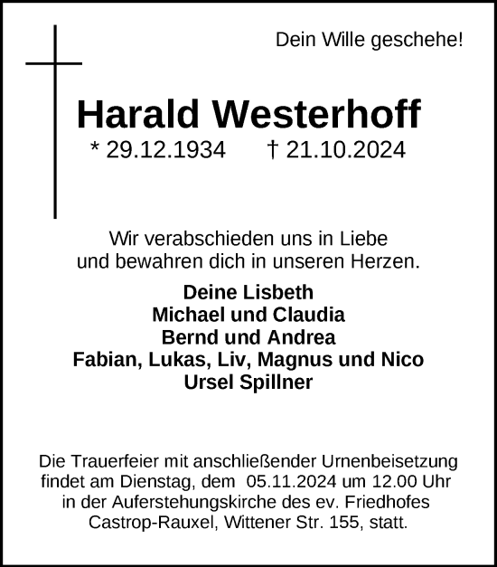 Traueranzeige von Harald Westerhoff von Ruhr Nachrichten