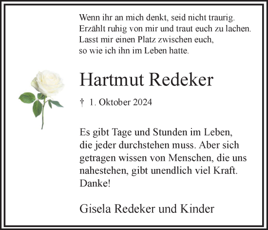 Traueranzeige von Hartmut Redeker von Hellweger Anzeiger