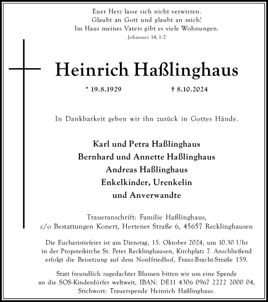 Traueranzeige von Heinrich Haßlinghaus von Trauer Vest
