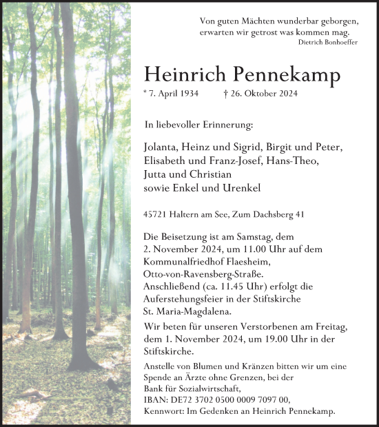 Traueranzeige von Heinrich Pennekamp von Ruhr Nachrichten und Halterner Zeitung