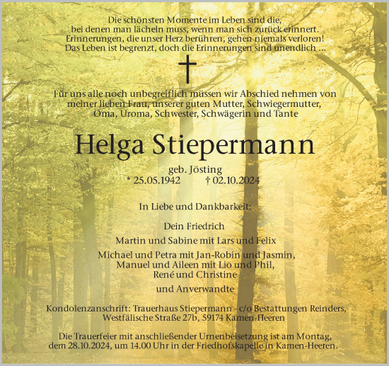 Traueranzeige von Helga Stiepermann von Hellweger Anzeiger