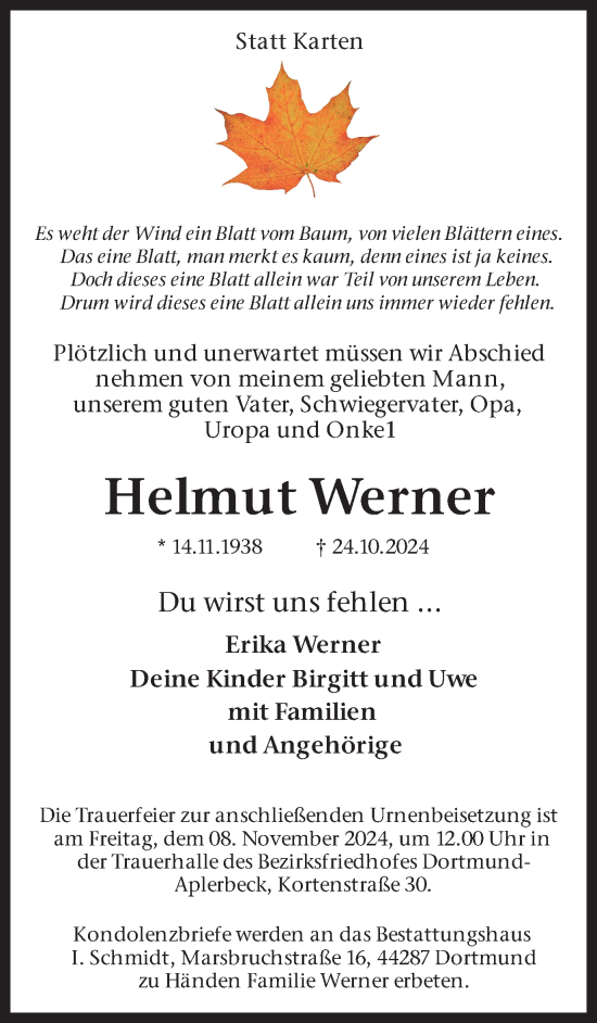 Traueranzeige von Helmut Werner von Ruhr Nachrichten