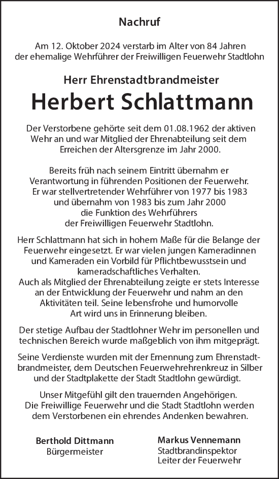 Traueranzeige von Herbert Schlattmann von Münsterland Zeitung