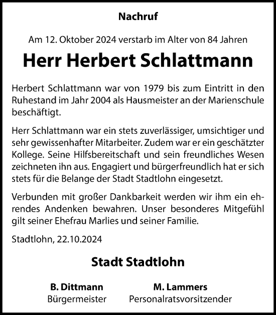 Traueranzeige von Herbert Schlattmann von Münsterland Zeitung