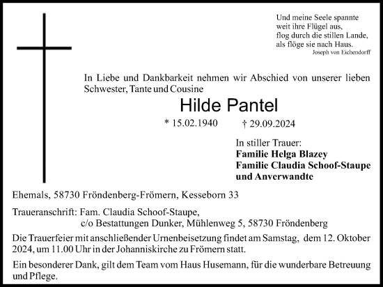 Traueranzeige von Hilde Pantel von Hellweger Anzeiger