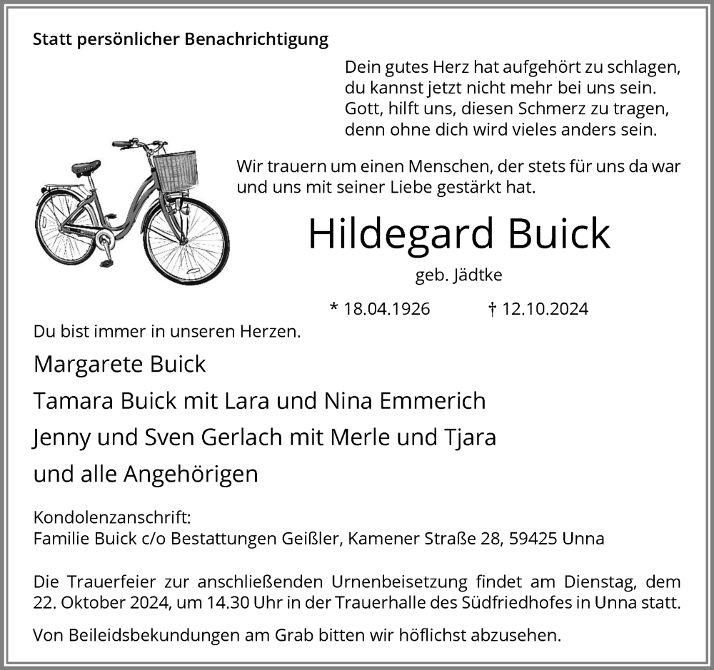  Traueranzeige für Hildegard Buick vom 16.10.2024 aus Hellweger Anzeiger