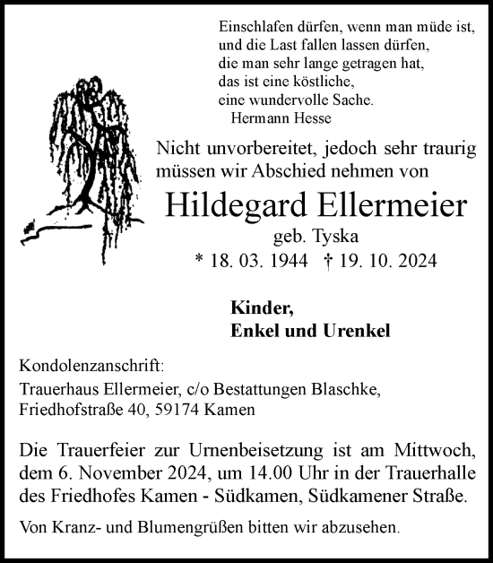 Traueranzeige von Hildegard Ellermeier von Hellweger Anzeiger