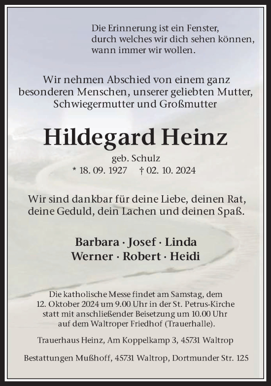 Traueranzeige von Hildegard Heinz von Trauer Vest