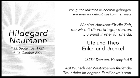 Traueranzeige von Hildegard Neumann von Ruhr Nachrichten und Dorstener Zeitung