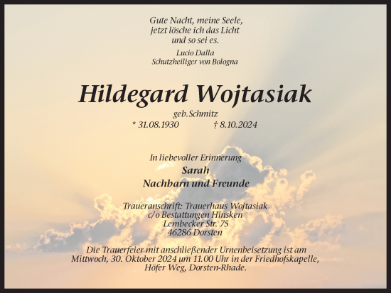 Traueranzeige von Hildegard Wojtasiak von Ruhr Nachrichten und Dorstener Zeitung