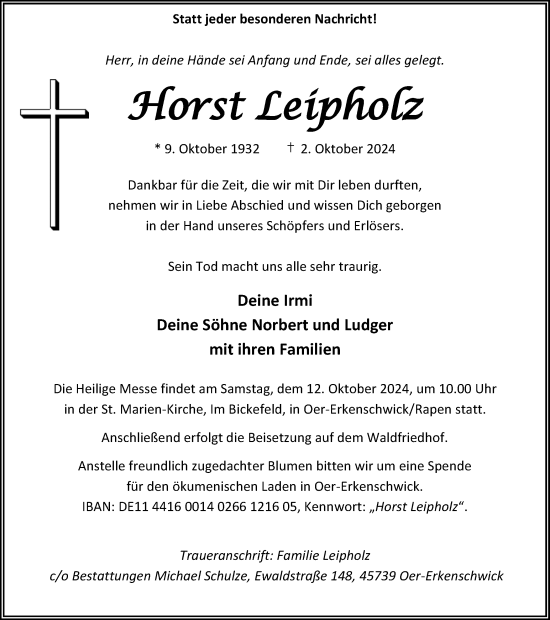 Traueranzeige von Horst Leipholz von Trauer Vest