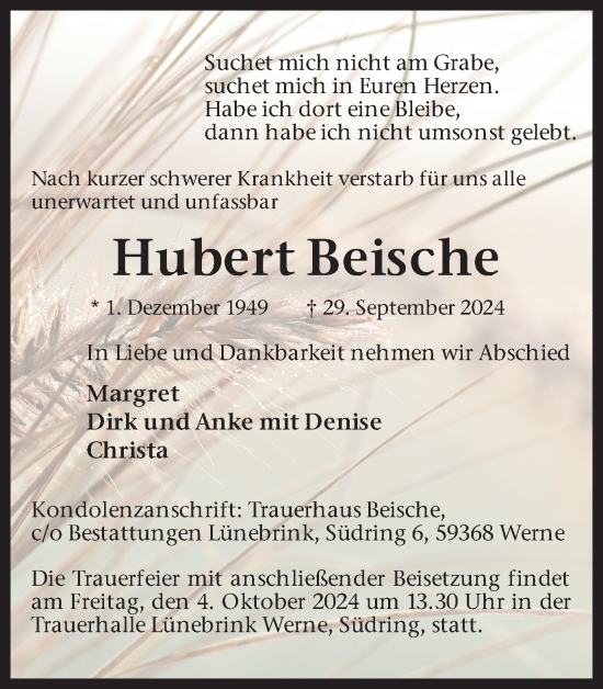 Traueranzeige von Hubert Beische von Ruhr Nachrichten