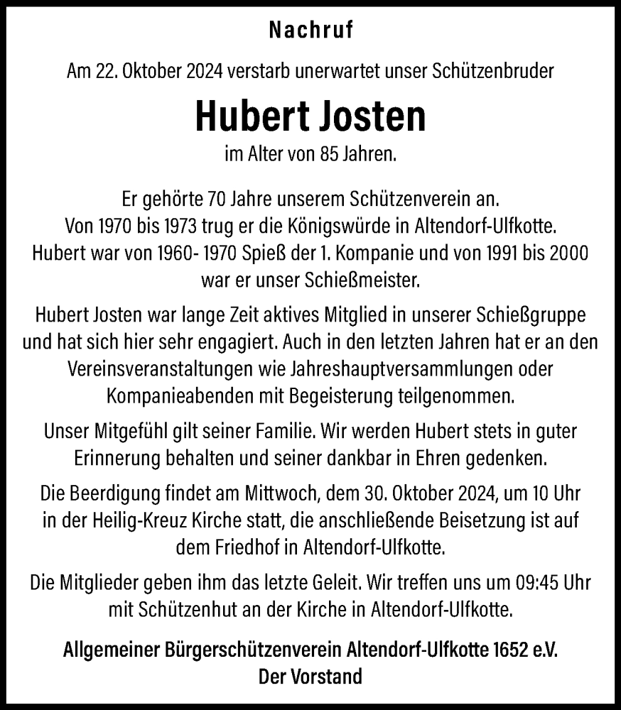  Traueranzeige für Hubert Josten vom 30.10.2024 aus Ruhr Nachrichten und Dorstener Zeitung