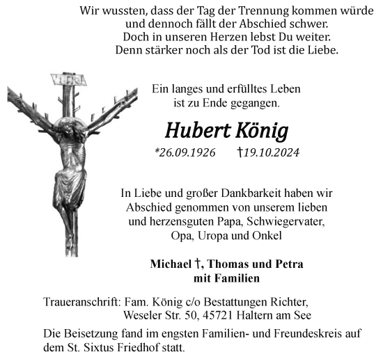 Traueranzeige von Hubert König von Ruhr Nachrichten und Halterner Zeitung