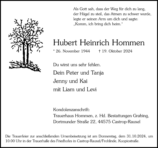 Traueranzeige von Hubert Heinrich Hommen von Ruhr Nachrichten