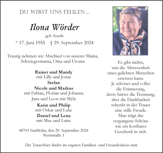 Traueranzeige von Ilona WörderWörder von Münsterland Zeitung