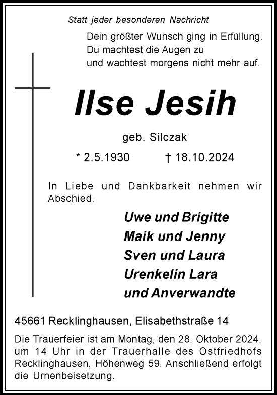 Traueranzeige von Ilse Jesih von Trauer Vest