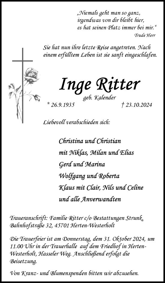 Traueranzeige von Inge Ritter von Trauer Vest