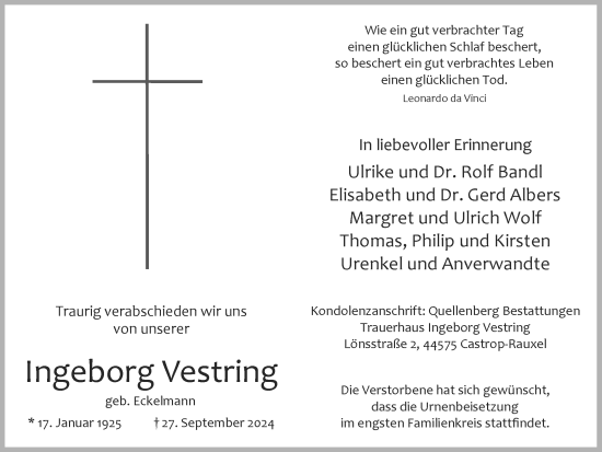 Traueranzeige von Ingeborg Vestring von Stadtanzeiger Castrop-Rauxel