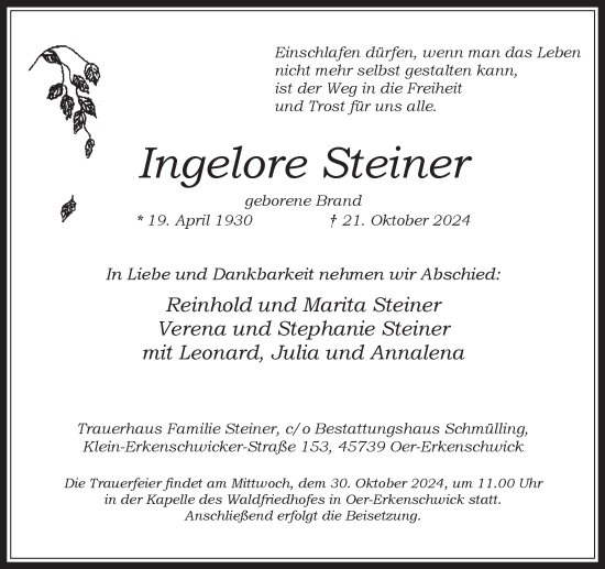 Traueranzeige von Ingelore Steiner von Trauer Vest