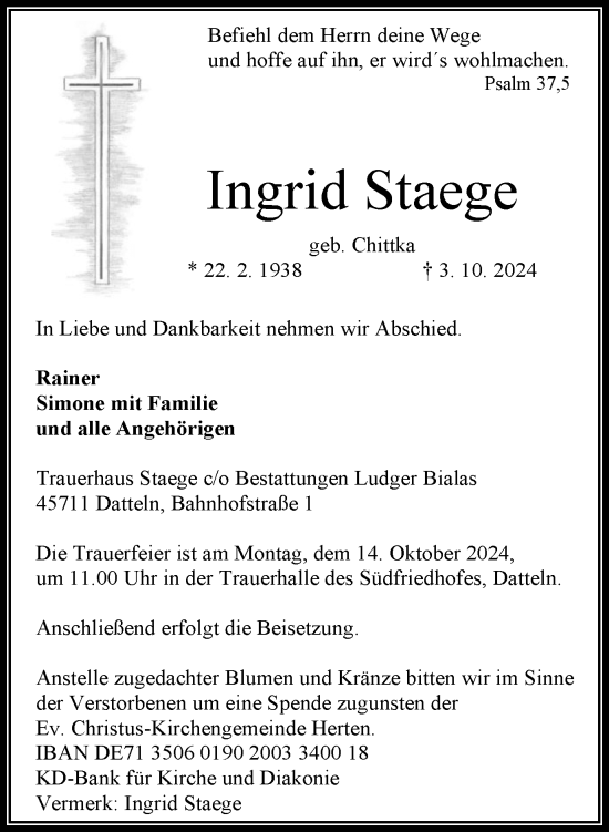 Traueranzeige von Ingrid Staege von Trauer Vest