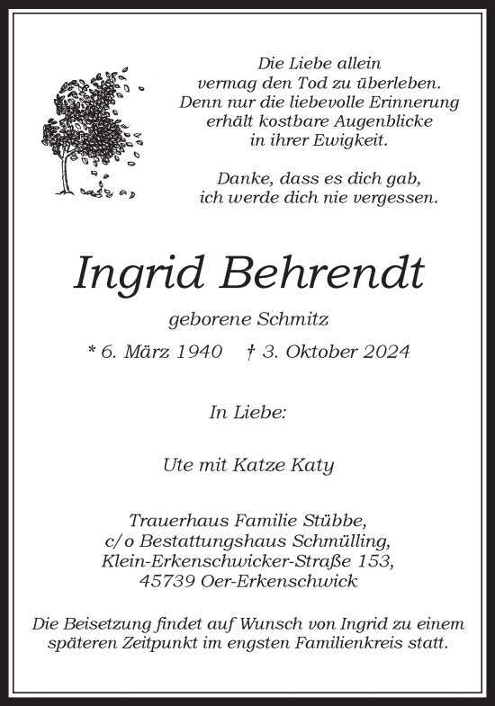 Traueranzeige von Ingrif Behrendt von Trauer Vest