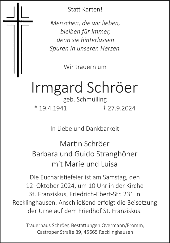 Traueranzeige von Irmgard Schröer von Trauer Vest