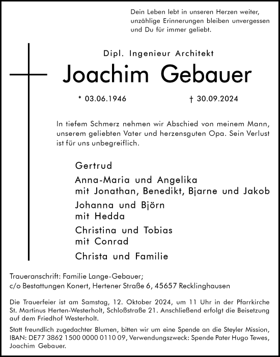 Traueranzeige von Joachim Gebauer von Trauer Vest