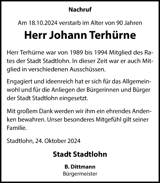 Traueranzeige von Johann Terhürne von Münsterland Zeitung