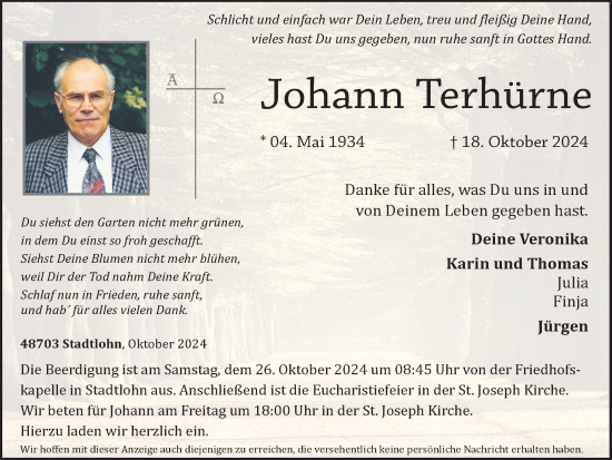 Traueranzeige von Johann Terhürne von Münsterland Zeitung